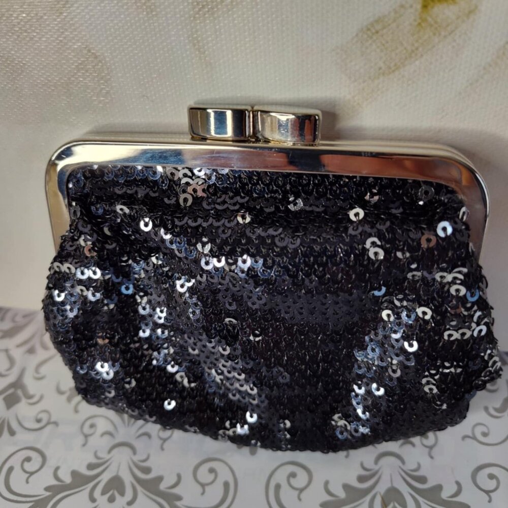 Victoria's Secret Angel Forever Black Sequin Coin Change Purse 4.5 x3.5" x 2"